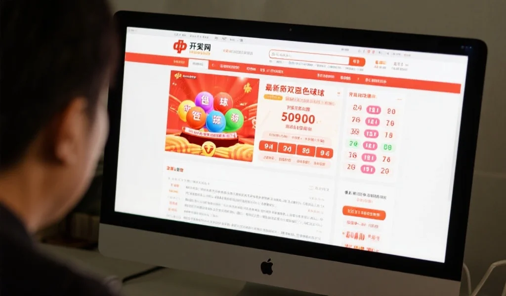 用户在电脑屏幕前浏览开奖网，页面上显示着最新双色球中奖号码和开奖信息